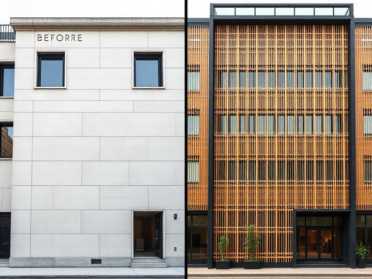 Fachada sin identidad transformada en Fachada con bambú arquitectónico